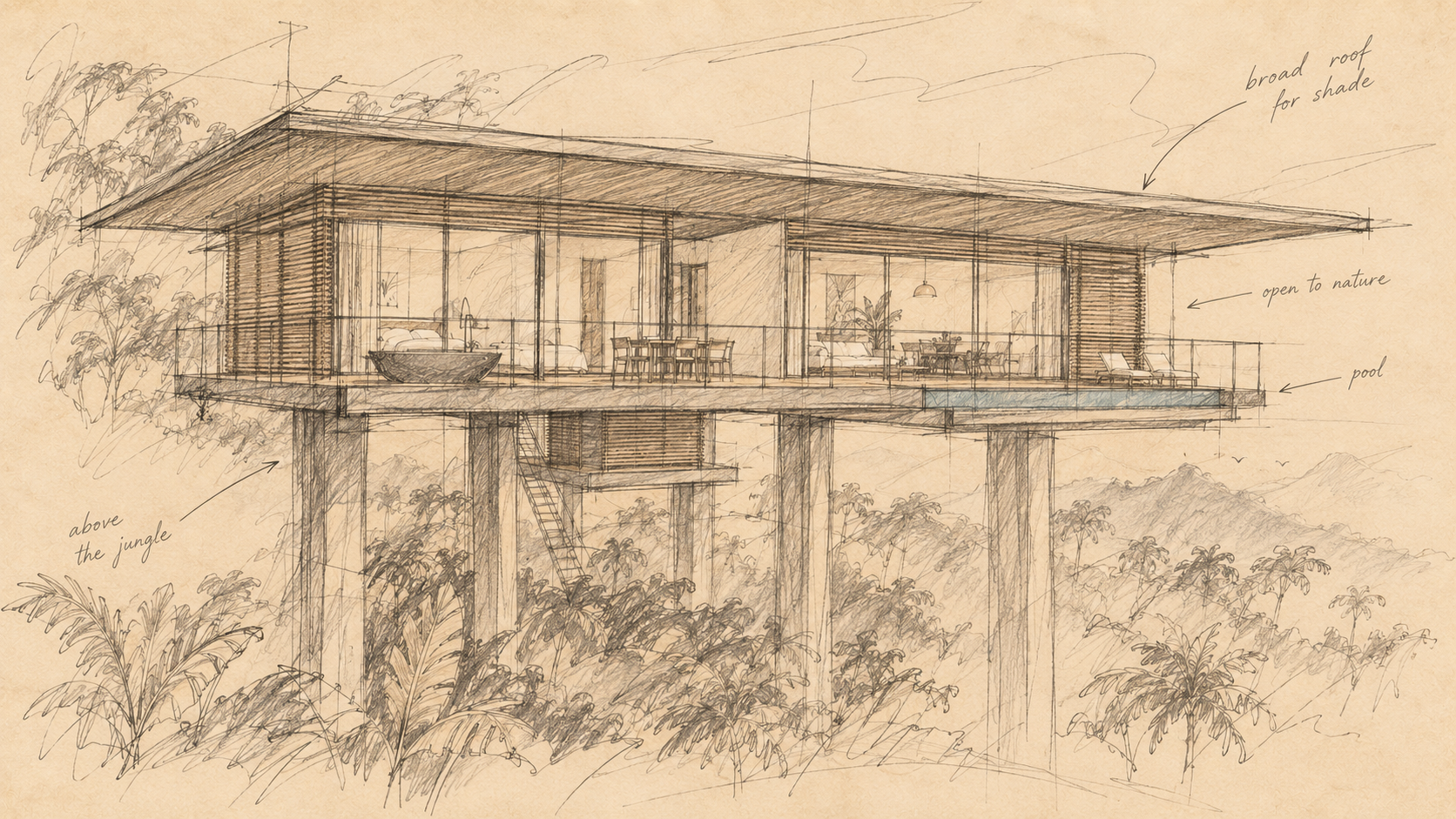 Hand-drawn concept sketch of a light tropical home raised on slender supports above the jungle, under a broad shading roof